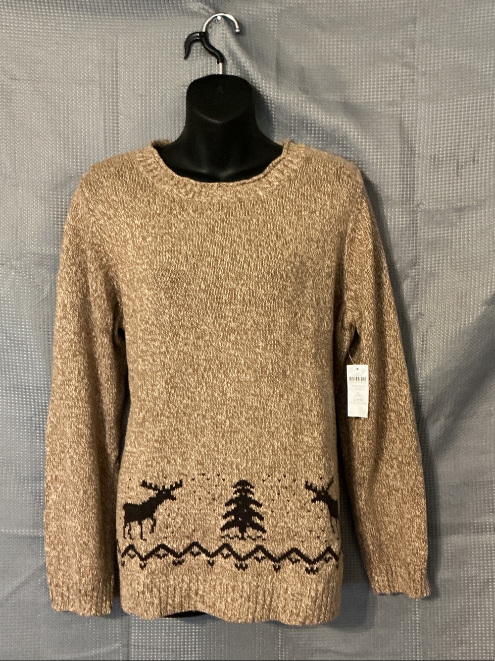 Coldwater Creek Tan Marled Crewneck Sweater with Moose & Tree Border